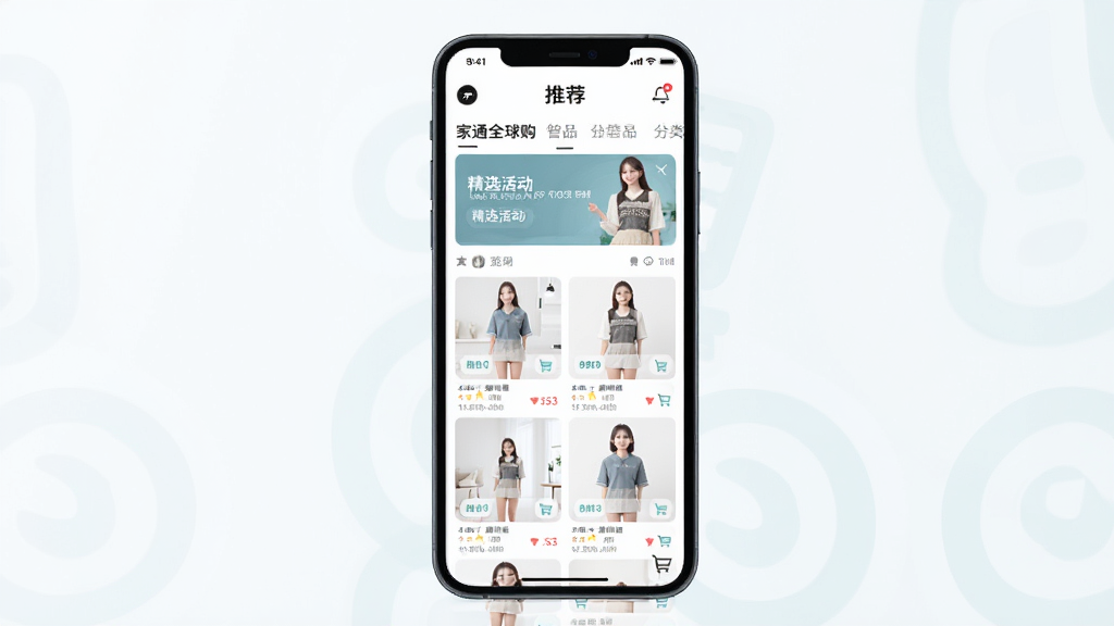 家通全球购购物平台界面预览图,主体为手机屏幕展示应用首页,布局清晰展示商品分类导航、精选活动横幅与推荐商品列表,排版采用瀑布流形式,风格现代简约,细节包括商品图片、价格标签与购物车图标,画面干净明亮,色彩柔和,画质清晰无多余元素。