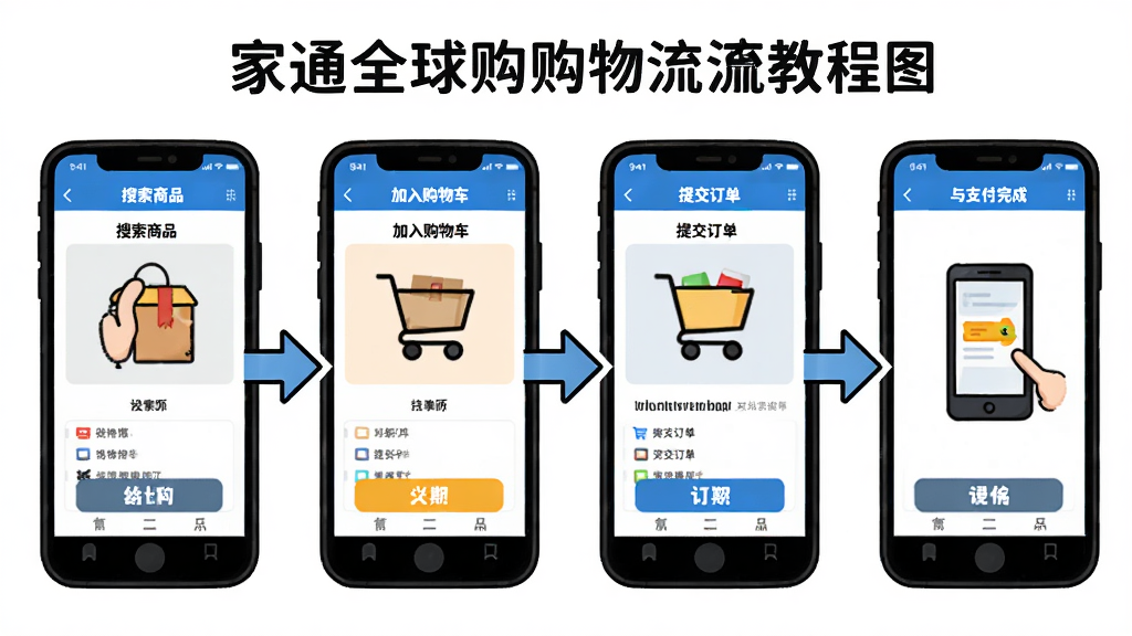 家通全球购购物流程教程图,主体为手机操作步骤示意图,分为四步展示搜索商品、加入购物车、提交订单与支付完成,布局采用横向流程箭头引导,排版清晰,风格简洁卡通,细节包含每一步操作界面的重点高亮,画质干净无多余元素。