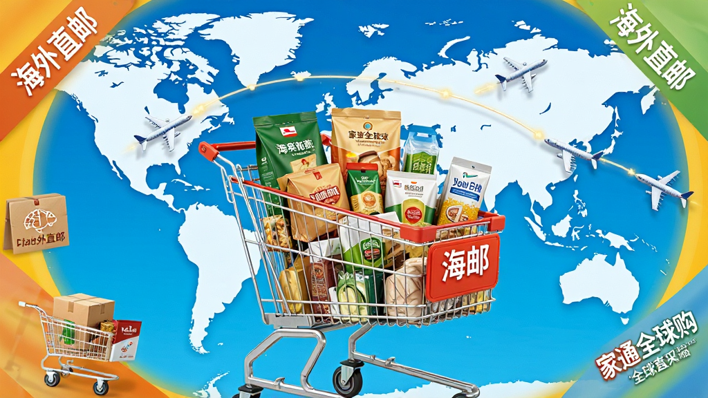 家通全球购全球直采场景图,主体为装满各类进口商品的购物车,背景为世界地图与飞机航线,布局饱满,排版采用环绕式,风格明亮活泼,细节突出商品包装上的多国文字与“海外直邮”标签,画质干净无多余元素。