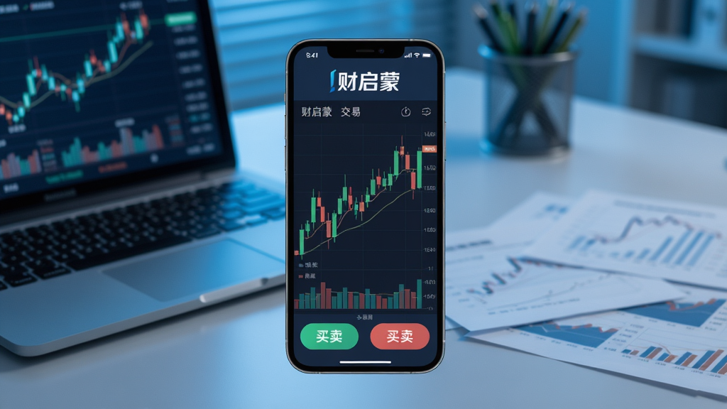 财启蒙模拟交易界面,手机界面显示K线图和买卖按钮,背景为办公桌,有电脑和金融图表,冷色调打光,科技感,构图稳定,细节清晰,文字“财启蒙”展示在手机屏幕,画质高清,干净无杂物。