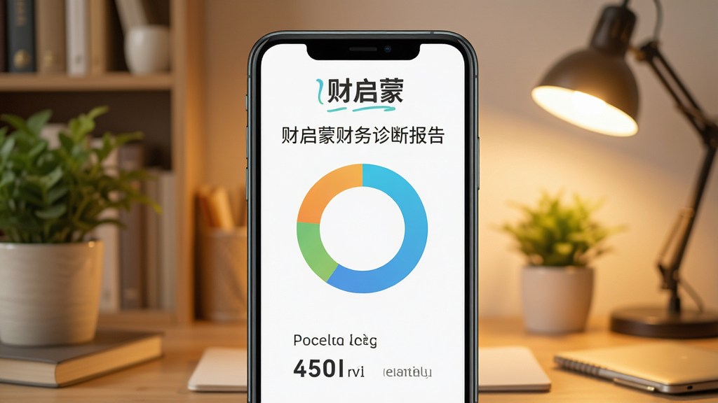 财启蒙财务诊断报告页面,手机屏幕显示环形图和分数,背景是温馨的书房,有绿植和台灯,暖色光,画面舒适,细节丰富,顶部有“财启蒙”字样,整体干净明亮,高清画质。