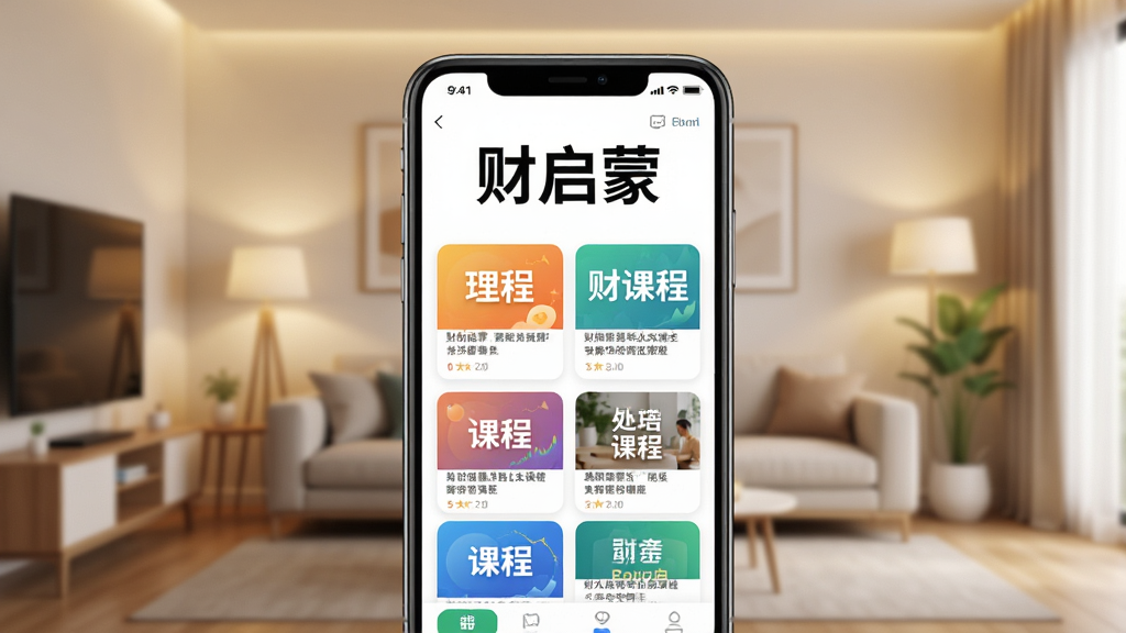 财启蒙app主界面展示,手机屏幕内显示“财启蒙”字样和各类理财课程卡片,背景为现代简约客厅,暖色调灯光,画面清晰,构图居中,APP界面细节丰富,文字醒目,整体风格明亮干净,高清渲染,无多余元素。