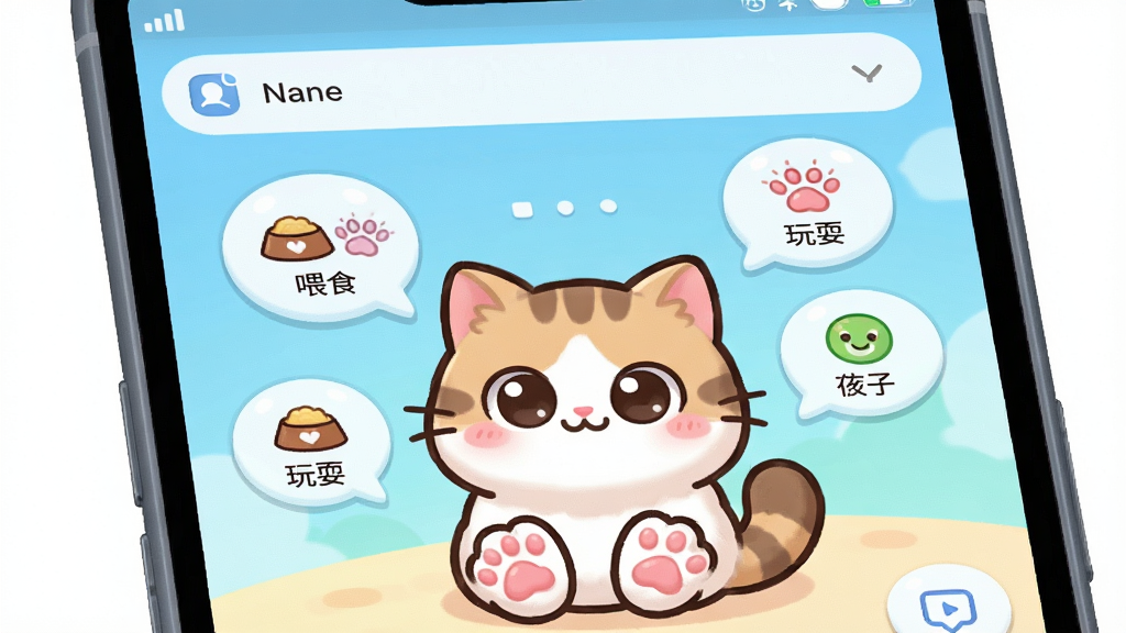 主体:桌面萌宠软件的主界面截图,展示一只毛茸茸的卡通小猫坐在手机屏幕底部,旁边有几个互动气泡图标;布局:手机屏幕为背景,宠物位于下方中央,上方留有通知栏空间,整体呈竖屏构图;排版:宠物与UI元素错落有致,图标排列清晰;风格:清新可爱的二次元卡通风格,色彩明亮柔和,线条圆润;细节:小猫有圆圆的大眼睛,粉色的肉垫,气泡中有“喂食”、“玩耍”等小图标,屏幕角落显示电量与时间;画质:超清,干净,无多余元素。