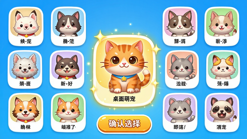 主体:桌面萌宠的角色选择界面,展示多只不同种类的卡通宠物排列成环形;布局:中央高亮一只橘猫,周围环绕其他宠物,底部有“确认选择”按钮;排版:宠物头像均匀分布,界面简洁;风格:明亮活泼的UI设计,圆角卡片式背景;细节:每只宠物下方标注名字,中央橘猫带有闪闪发光的特效;画质:高分辨率,干净,无多余元素。