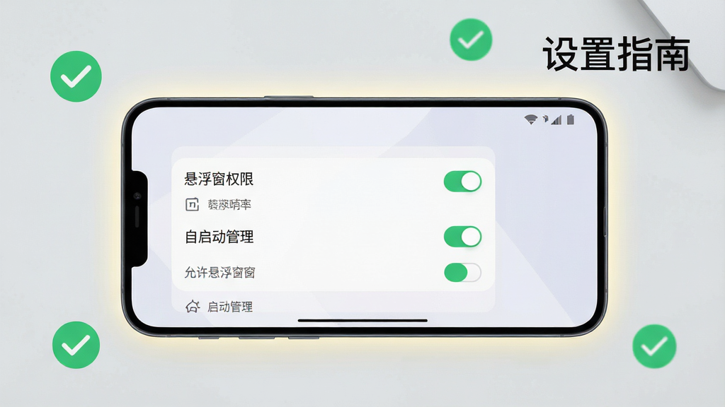 主体:一部手机横屏显示桌面萌宠的设置界面,屏幕上有“悬浮窗权限”、“自启动管理”等选项,旁边有文字“设置指南”;布局:手机位于画面中央,背景为浅灰色桌面,周围有绿色对勾图标;排版:设置列表清晰可见,字体清晰;风格:简约现代风格,UI扁平化;细节:手机屏幕中“允许悬浮窗”开关为打开状态,背景有淡淡的光晕;画质:高清,干净,无多余元素。