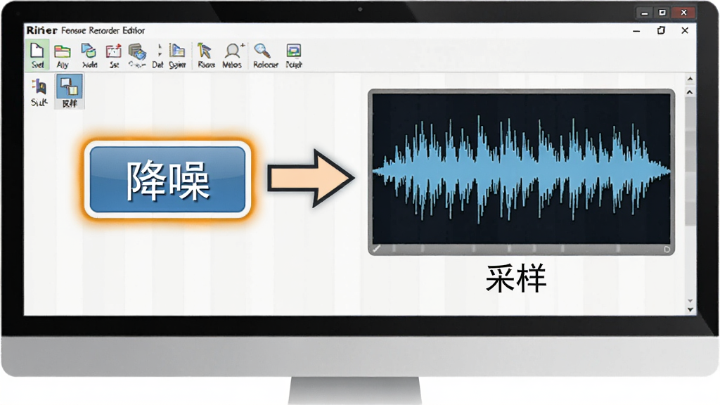 Total Recorder Editor使用技巧示意图,图中展示一个电脑屏幕,屏幕内软件界面高亮显示“降噪”按钮,旁边有箭头指向音频波形图,波形图下方有“采样”标注,整体为教学风格,界面明亮清晰,无多余元素