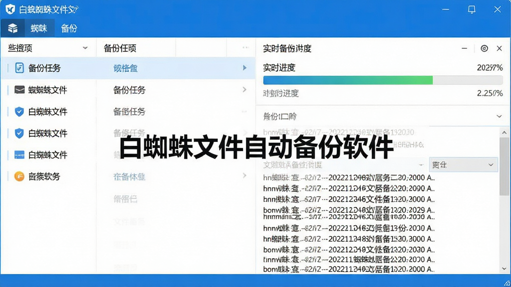 一张展示白蜘蛛文件自动备份软件主界面的高清截图,界面左侧为备份任务列表,右侧显示实时备份进度条与日志记录,整体风格简洁明快,采用蓝白配色,窗口中央有“白蜘蛛文件自动备份软件”字样,画面干净无多余元素,画质清晰,科技感与安全感并存,无多余元素