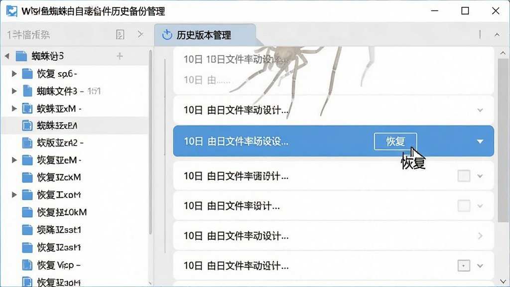 一张白蜘蛛文件自动备份软件历史版本管理界面截图,左侧为文件列表,右侧展开多个时间戳版本,鼠标悬停在某个版本上显示“恢复”按钮,界面采用卡片式布局,浅灰色背景,文字清晰,蓝白主题,画质干净,无多余元素