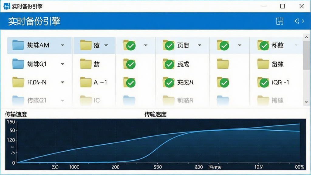 一张白蜘蛛文件自动备份软件实时备份过程的界面截图,主界面显示多个文件夹正在同步,绿色对勾图标表示备份成功,下方有传输速度曲线图,界面布局清晰,文字标注“实时备份引擎”,蓝白科技风格,画质干净,无多余元素