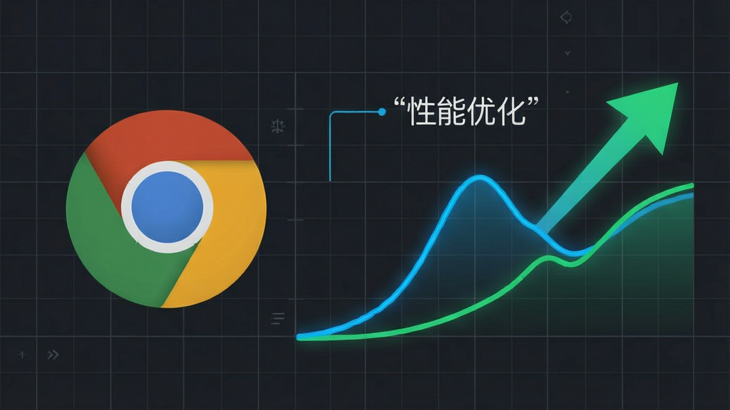 一张抽象的性能对比图表图片,左侧是谷歌浏览器 开发版的标志,右侧是流畅的曲线图和极速的箭头图标,背景为深灰色网格,图表线条为亮蓝色和绿色,整体风格简约商务,细节丰富,文字标注