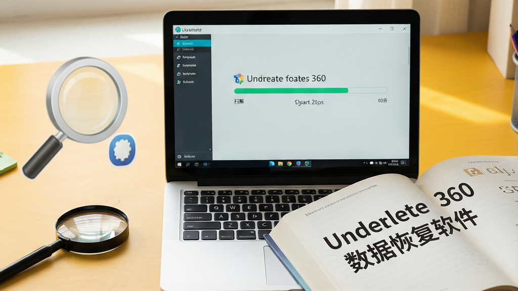 主体:一台笔记本电脑和一本书,书页上印有“Undelete 360数据恢复软件”字样,旁边有一个放大镜图标,背景为暖黄色书桌。布局:电脑屏幕显示软件界面,书斜放于右下角,放大镜在左侧。排版:书页文字清晰可读,电脑界面显示扫描进度条。风格:温馨实用风,光线自然,细节清晰,画质干净,无多余元素。