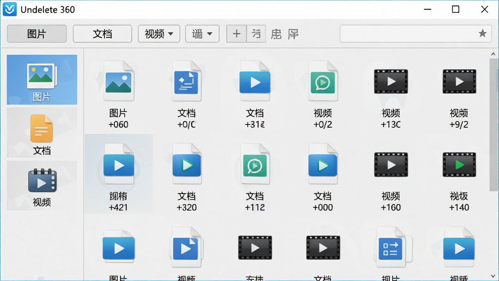主体:Undelete 360数据恢复软件的文件筛选界面,左侧有图片、文档、视频等图标按钮,右侧显示筛选后的文件缩略图网格。布局:界面上下分层,上部为筛选工具栏,下部为文件网格,背景浅灰。排版:每个文件缩略图下方有文件名和大小,按钮上有中文标签“图片”“文档”“视频”。风格:简洁商务风,色调清新,细节清楚,画质干净,无多余元素。