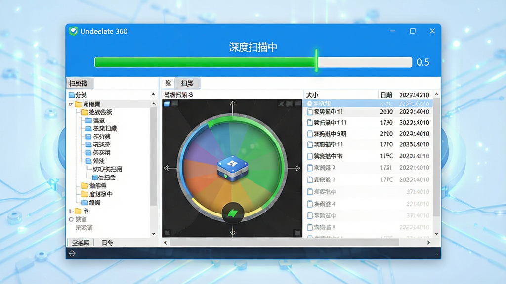 主体:Undelete 360数据恢复软件的扫描界面,界面显示磁盘轨道图,绿色进度条正在扫描,左侧文件分类树,右侧列出文件名、大小、日期。布局:界面居中,四周留白,背景为淡蓝色科技光效。排版:扫描进度条上方有白色文字“深度扫描中”,文件列表清晰可滚动。风格:扁平化UI风格,色彩鲜艳,细节丰富,画质干净,无多余元素。