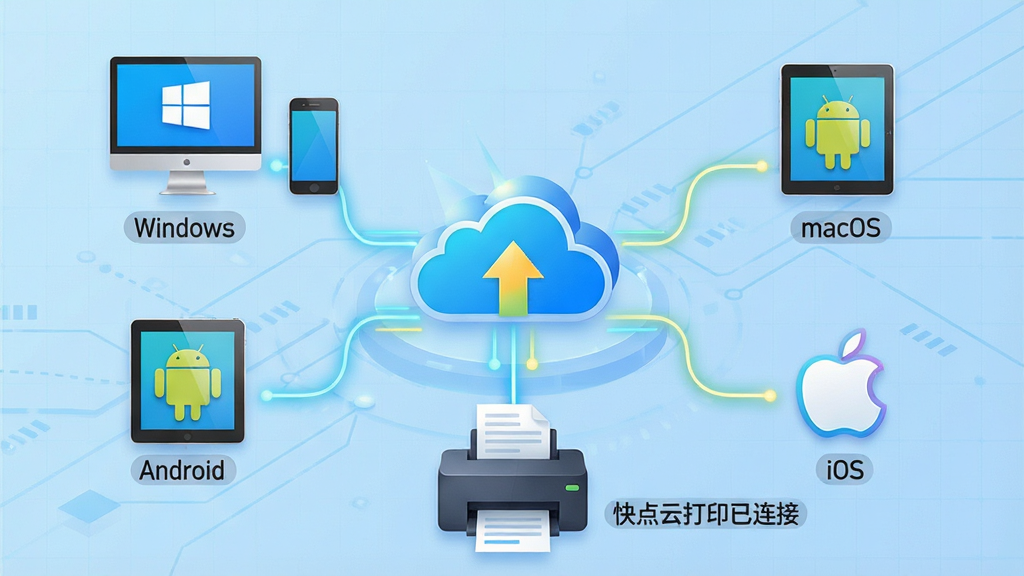 主体:快点云打印软件跨平台连接示意图,中间是云服务器图标,四周环绕电脑、手机、平板等设备图标,底部连接一台打印机。布局:中心对称式构图,云服务器位于中心突出地位,设备图标均匀分布在四周,通过发光的线条连接至中心。排版:图标尺寸统一,线条流畅,背景为淡蓝色科技网格。风格:扁平化加微立体效果,配色明亮。细节:每个设备图标旁标注“Windows”、“macOS”、“Android”、“iOS”字样,打印机图标上标注“快点云打印已连接”。画质:高清,干净,无多余元素。
