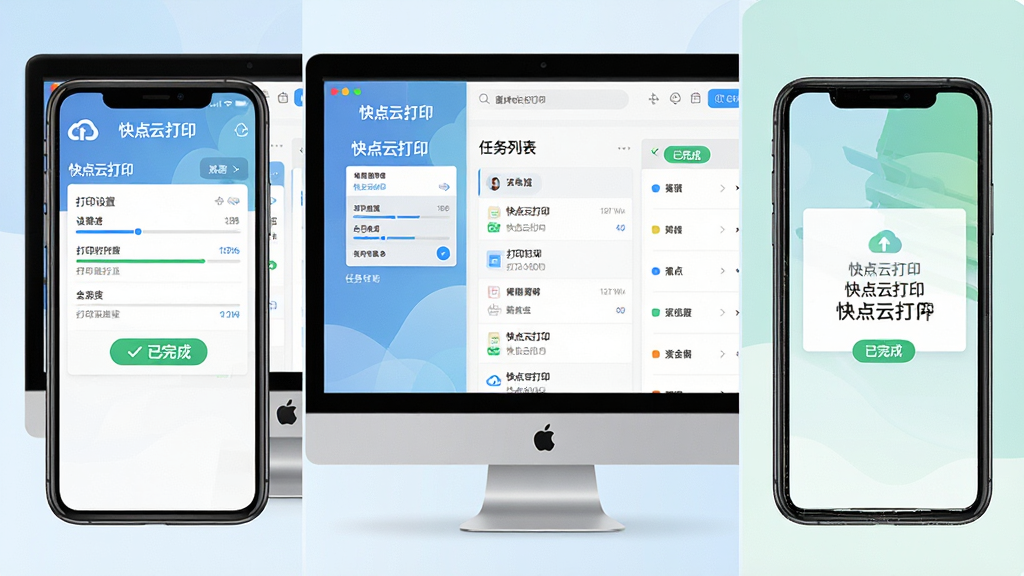 主体:快点云打印软件在电脑与手机上的使用截图拼贴,展示打印设置界面、任务列表和成功提示。布局:三联屏风格,左中右依次排列,中间为主界面。排版:画面整洁,色彩搭配舒适。风格:信息图风格,扁平化。细节:每个截图上需标注“快点云打印”字样,并显示打印进度条和“已完成”标签。画质:高清,干净,无多余元素。