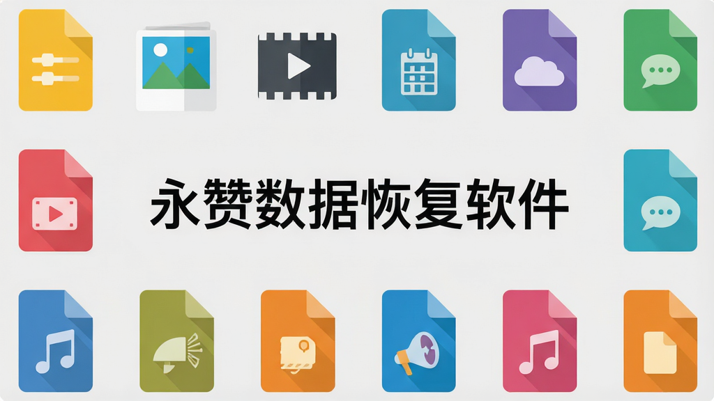 一张扁平化图标展示图,画面中央围绕“永赞数据恢复软件”字样,周围整齐排列着文档、照片、视频、音频等彩色文件图标,背景为浅灰纯色,构图对称工整,风格简洁现代,画质清晰,无多余装饰元素