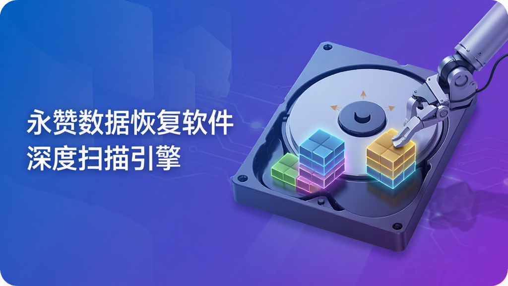 一张功能示意图,画面展现磁盘内部结构,彩色数据块被高亮标记,一只机械手正在提取丢失文件,左侧配有文字“永赞数据恢复软件 深度扫描引擎”,整体构图清晰直观,科技感强,色调蓝紫渐变,画质清晰干净,无多余元素