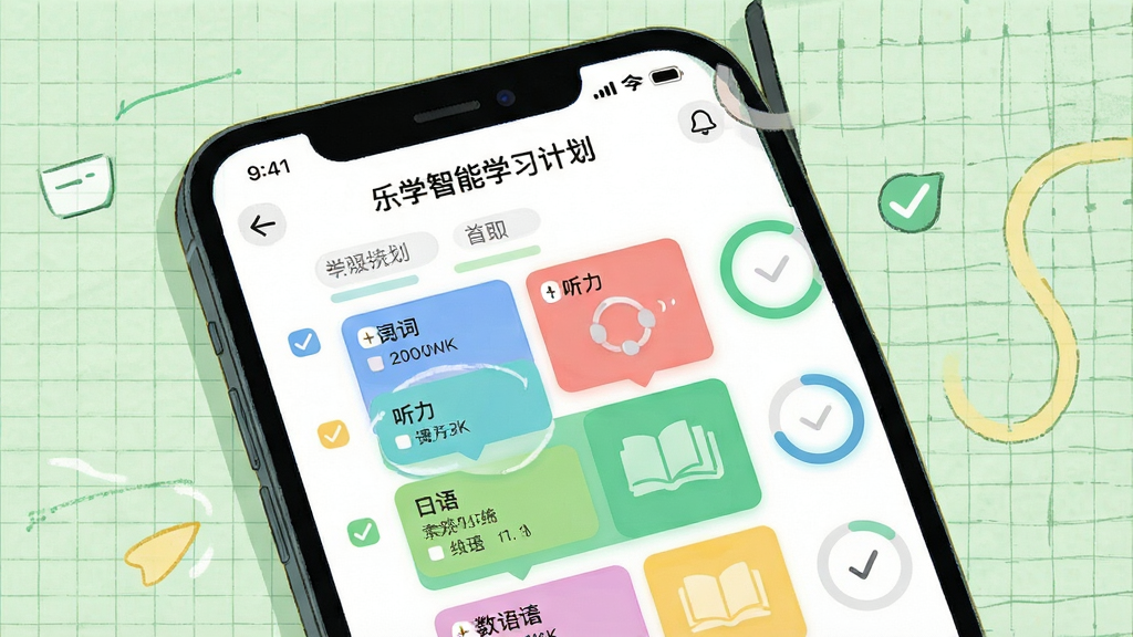 一张展示乐学英语智能学习计划功能的界面截图风格插画,画面主体为手机屏幕,屏幕内显示一周学习日程表,包含单词、听力、口语等彩色任务卡片,旁边有对勾和进度环,背景为浅绿色网格纸纹理,风格简约清爽,突出个性化规划与高效学习,画质干净,无多余元素