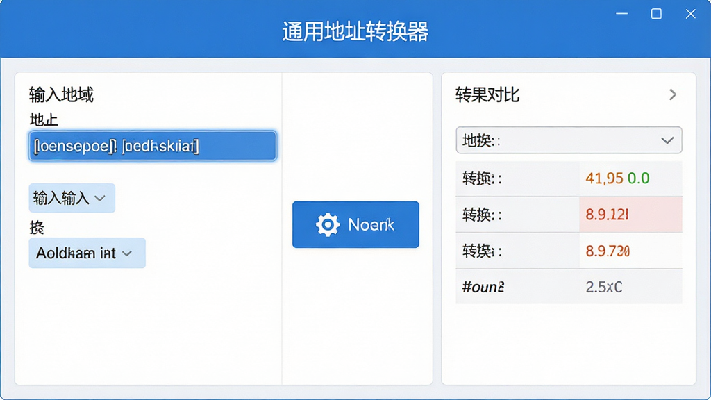 主体:通用地址转换器软件主界面,展示地址输入框与转换结果对比。布局:左侧输入区域,右侧结果面板,中间为转换按钮。排版:清晰分区,标题栏显示“通用地址转换器”,功能按钮有序排列。风格:现代扁平化设计,蓝白主色调。细节:地址栏高亮显示,转换按钮带有图标。画质:高清干净,无多余元素。