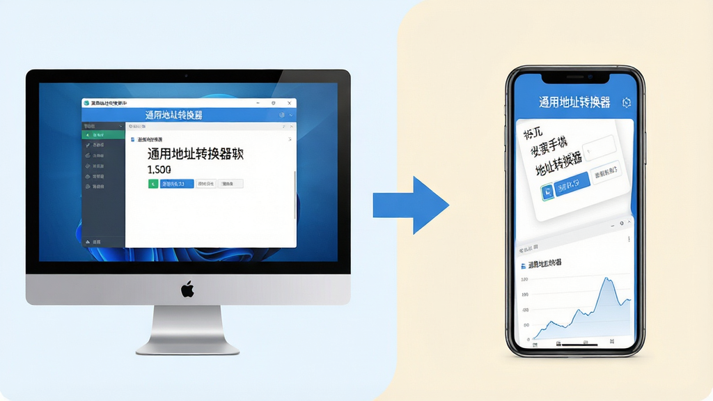 主体:通用地址转换器软件在手机与电脑上同时运行的对比图。布局:左侧为电脑屏幕界面,右侧为手机屏幕界面。排版:左右对称,中间用箭头连接。风格:明亮干净,浅色背景。细节:设备屏幕中显示软件界面,带有“通用地址转换器”标题。画质:高清精致,无多余元素。