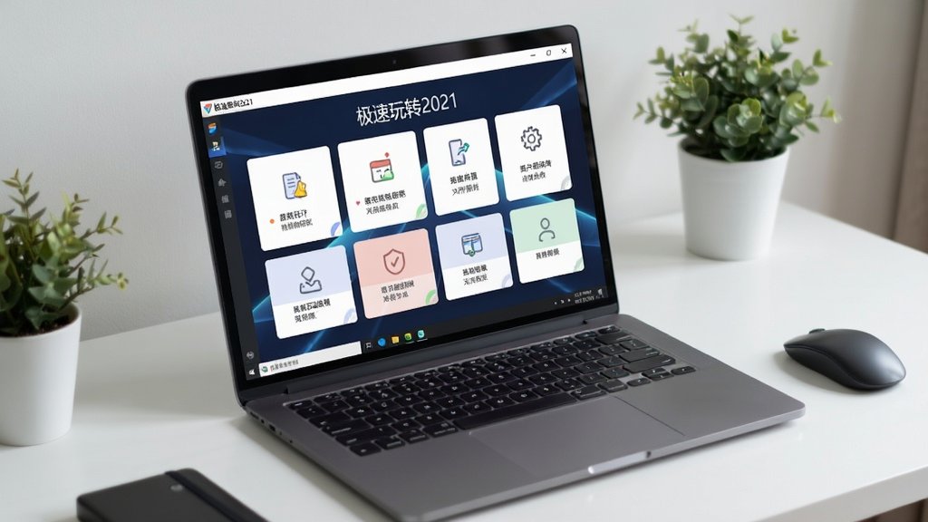 主体为极速玩转2021软件在笔记本电脑上运行的实拍场景,屏幕中清晰显示主界面功能卡片,桌面整洁。布局为俯视角,包含电脑与桌面环境,排版自然,风格写实,细节包含软件名称“极速玩转2021”在屏幕中显示,画质高清,无多余杂物。