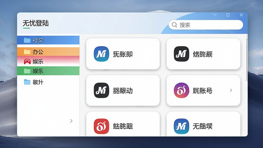 电脑软件界面展示,主体为“无忧登陆”管理窗口,左侧分组栏包含“社交、办公、娱乐”等文件夹,右侧列表展示多个账号卡片,每个卡片显示平台logo与账号名称,顶部有搜索框,整体布局左右对称,风格扁平化,细节包括卡片圆角阴影与分组色条,画质干净明亮,无多余元素,文字“无忧登陆”显示在窗口左上角