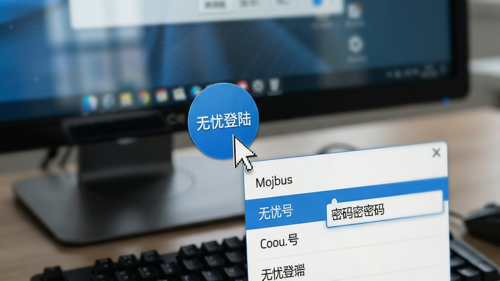 桌面电脑屏幕特写,画面中鼠标指针正点击一个名为“无忧登陆”的蓝色圆形快捷图标,图标下方展开账号列表,选中项高亮并自动填充密码框,背景虚化处理,主体突出,布局清晰,排版简洁,风格写实,细节包含屏幕反光与键盘剪影,画质高清干净,无多余元素,文字“无忧登陆”出现在弹窗标题栏