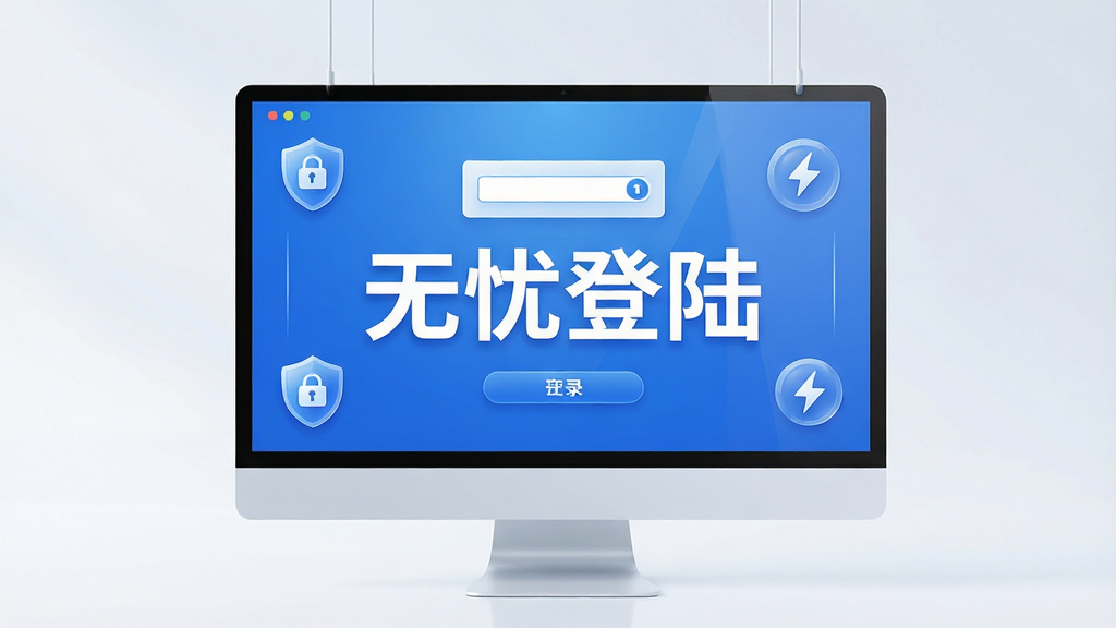 高清数字渲染场景,主体为现代化电脑屏幕悬浮界面,屏幕中央显示“无忧登陆”四个大字,周围环绕简洁的登录框、盾牌加密图标与闪电快捷符号,整体布局居中对称,排版干净利落,采用蓝白科技色调,细节包含柔和光影与微反射质感,画质细腻清晰,干净无多余元素,文字“无忧登陆”清晰醒目