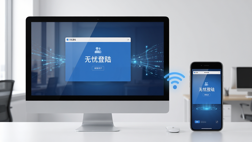 电脑与手机并排展示,电脑屏幕显示“无忧登陆”数据同步界面,手机屏幕显示相同界面,两者间有无线信号图标连接,背景为简约办公室环境,主体居中,布局清晰,排版干净,风格写实,细节包括屏幕反光与数据流动光效,画质高清,干净无多余元素,文字“无忧登陆”显示在电脑同步窗口标题栏