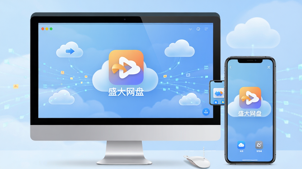 主视觉展示盛大网盘在电脑与手机多设备间同步文件的场景,界面干净现代,屏幕中显示“盛大网盘”主界面图标,背景浅蓝渐变,带有云朵与数据流动线条,整体明亮通透,画质清晰,干净无多余元素