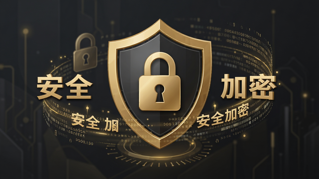 盛大网盘安全防护概念图,画面中央为盾牌与锁形图标,周围环绕数据流,背景深灰与金色搭配,出现“安全加密”字样,科技感强,构图稳重,细节精致,画质干净,无冗余元素