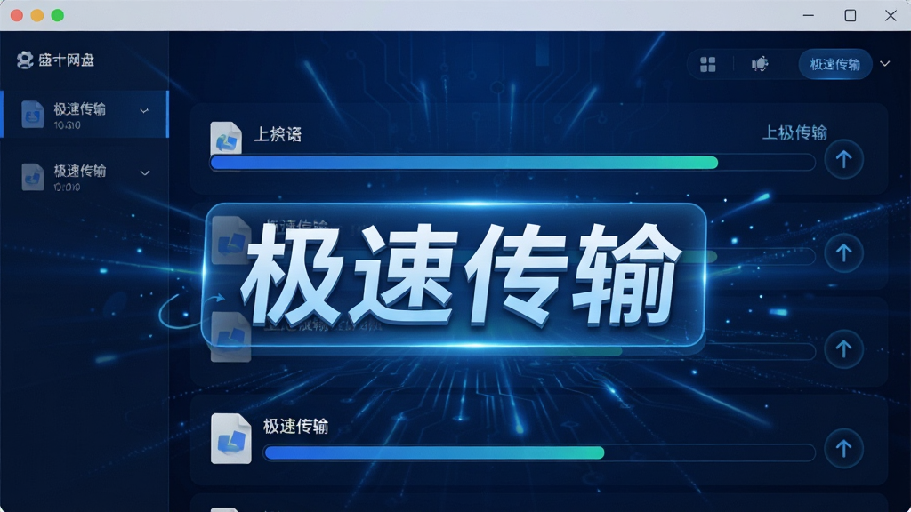盛大网盘极速传输界面,显示多个文件同时高速上传的进度条,背景为深蓝色科技感光效,画面中出现“极速传输”文字标签,构图简洁,细节丰富,画质细腻,无多余装饰