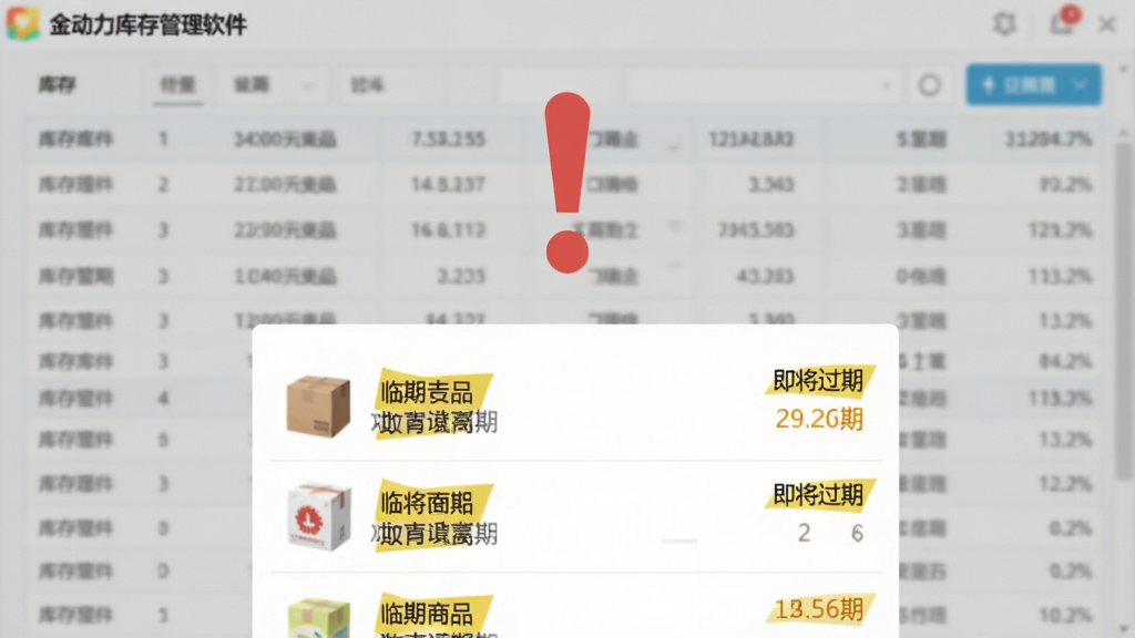 金动力库存管理软件的库存预警提示界面,画面中央显示一个红色感叹号图标,下方展示几款临期商品的列表,并标注