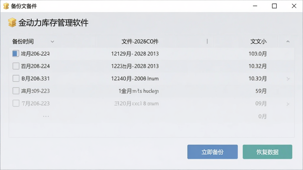 金动力库存管理软件的数据备份功能界面,画面显示备份文件列表,包含备份时间、文件大小,有