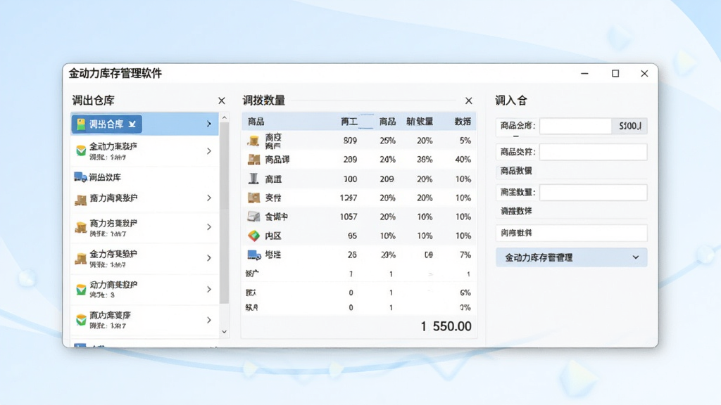 金动力库存管理软件的多仓库管理界面预览图,画面展示两个仓库之间的商品调拨操作窗口,左侧为调出仓库列表,右侧为调入仓库表单,中间显示商品明细和调拨数量,背景为淡雅的蓝白渐变,整体风格专业商务,干净无多余元素