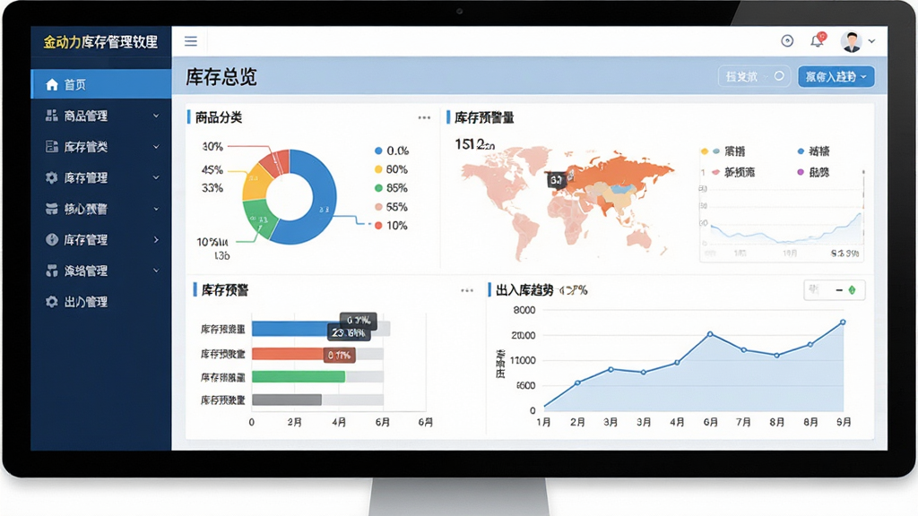 一张展示金动力库存管理软件核心界面的高清电脑截图,画面中央显示库存总览仪表盘,包括商品分类统计、库存预警数量、出入库趋势折线图,左侧为功能导航菜单,整体布局简洁明快,采用蓝色系商务风格,界面文字清晰,画质干净无多余元素