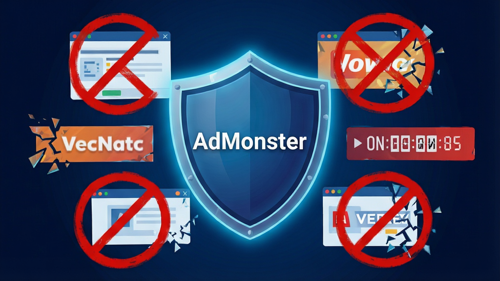 主体:一个盾牌图标中央带有“AdMonster”字样,盾牌周围环绕各类广告元素(如弹窗、横幅、倒计时条)被红色禁止标志覆盖。布局:盾牌位于画面正中,广告元素围绕四周但被隔离在外。排版:中心对称,视觉冲击力强。风格:科技感插画,深蓝背景。细节:盾牌发光,广告元素破碎化处理。画质:高清晰度,干净背景,无多余元素。