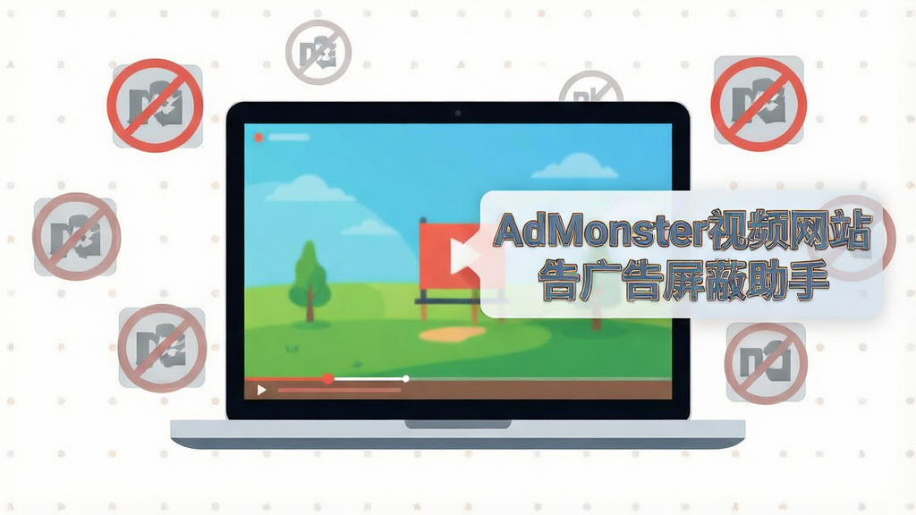 主体:一台笔记本电脑屏幕播放视频画面,旁边有“AdMonster视频网站广告屏蔽助手”字样悬浮。布局:电脑居中,周围环绕被拦截的广告图标(带斜线禁止符号),整体简洁。排版:电脑屏幕为视觉焦点,文字标识清晰。风格:现代扁平化插画风格,色彩明快。细节:屏幕中视频画面干净无遮挡,广告图标以灰色半透明呈现。画质:高清,干净,无多余元素。