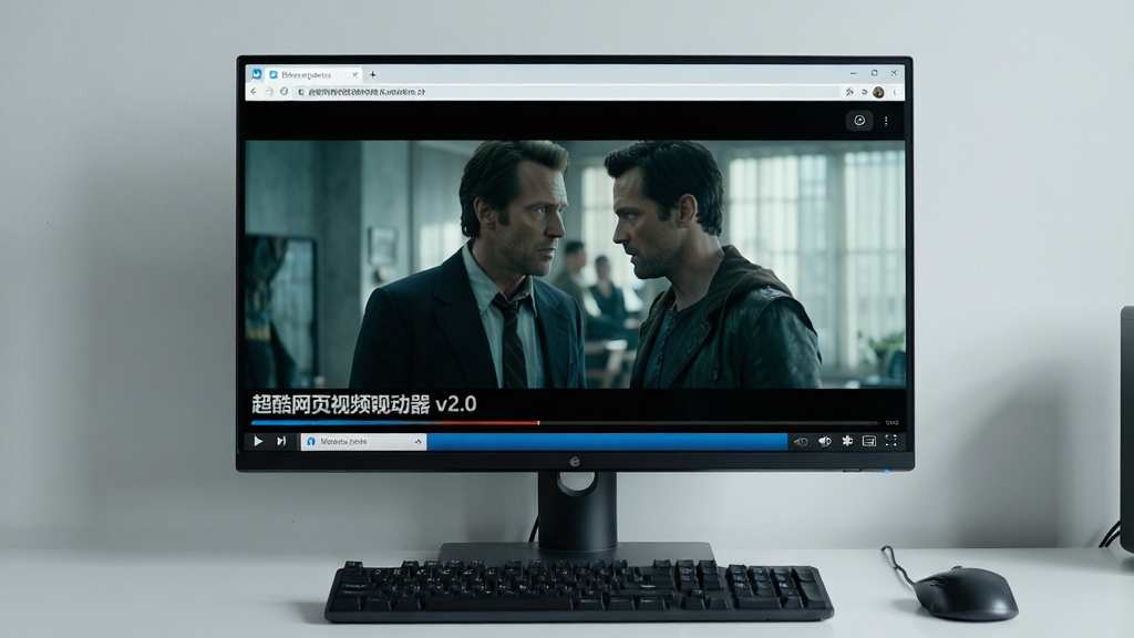 主体:超酷网页视频播放器在Windows电脑上运行的实拍场景。布局:电脑屏幕占据画面中央,屏幕上显示播放器全屏播放一部高清电影,旁边摆放着键盘鼠标。排版:采用对称式构图,电脑位于画面中心,背景为浅灰色墙壁。风格:写实摄影风格,光线明亮自然。细节:屏幕中播放的是超酷网页视频播放器的默认演示视频,画面左下角有“超酷网页视频播放器 v2.0”水印。画质:4K高分辨率,细节清晰,干净无多余元素。