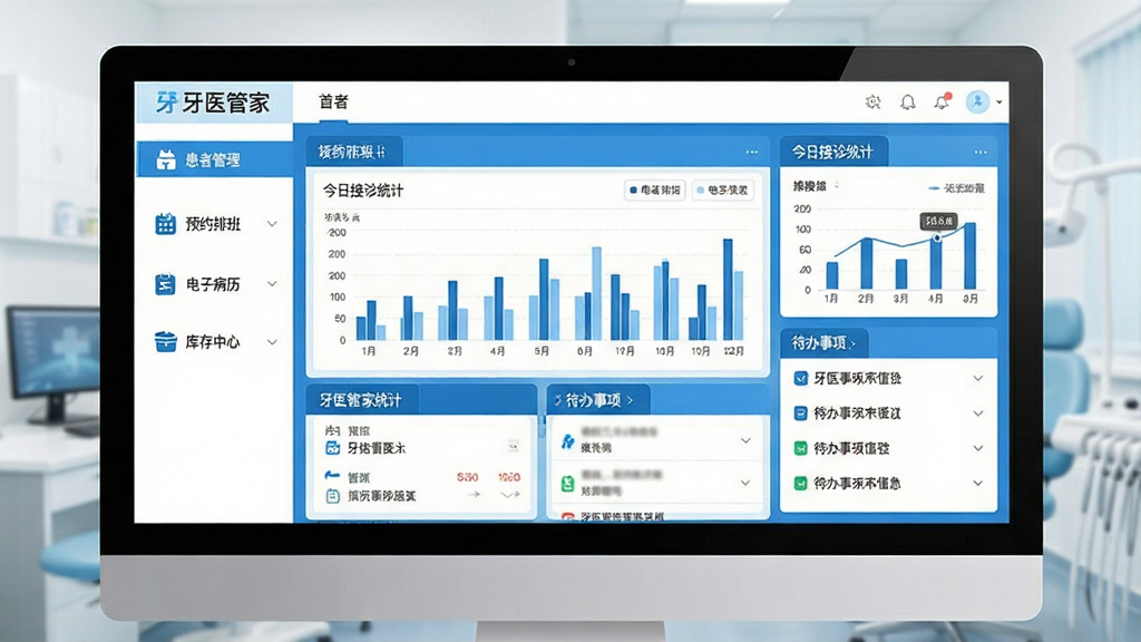 一张展示牙医管家软件全貌的宽幅电脑界面截图,画面中央是清晰明亮的诊所管理后台看板,左侧功能导航栏包含患者管理、预约排班、电子病历、库存中心等图标,右侧展示今日接诊统计图表与待办事项列表,整体采用蓝白医疗风格配色,布局规整、排版精致,画质清晰干净,无多余元素,标注文字“牙医管家”