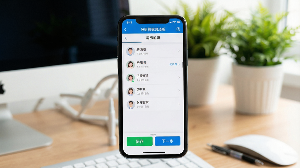 一张展示牙医管家移动端App操作界面的手机实拍图,手机屏幕中显示患者列表与病历编辑页面,界面下方有清晰的“保存”“下一步”按钮,背景为电脑桌与绿植,光线明亮柔和,构图简洁,画质高清干净,文字标注“牙医管家移动版”