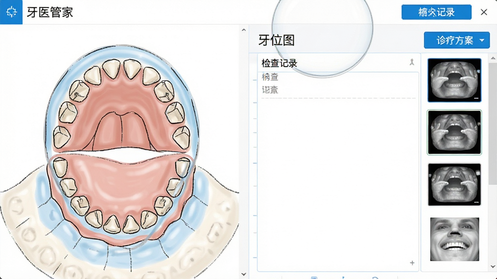 牙医管家软件中电子病历编辑界面的局部放大图,画面左侧为牙位图绘制区域,右侧为病历文本输入框与影像附件缩略图,界面以白色为底,辅以蓝色高亮按钮,文字清晰可见“牙位图”“检查记录”“诊疗方案”等字样,整体风格简洁专业,排版整齐,画质细腻干净,无多余元素