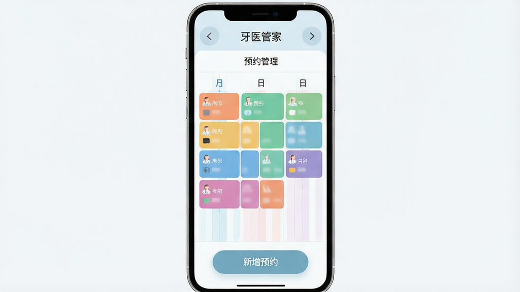 牙医管家软件预约排班界面的模拟手机截图,画面显示一周日程表,不同医生与椅位用彩色色块区分,底部有“新增预约”悬浮按钮,界面顶部显示日期切换箭头,整体UI风格清爽,色彩柔和,文字标注“牙医管家”与“预约管理”,画质高清,无多余元素