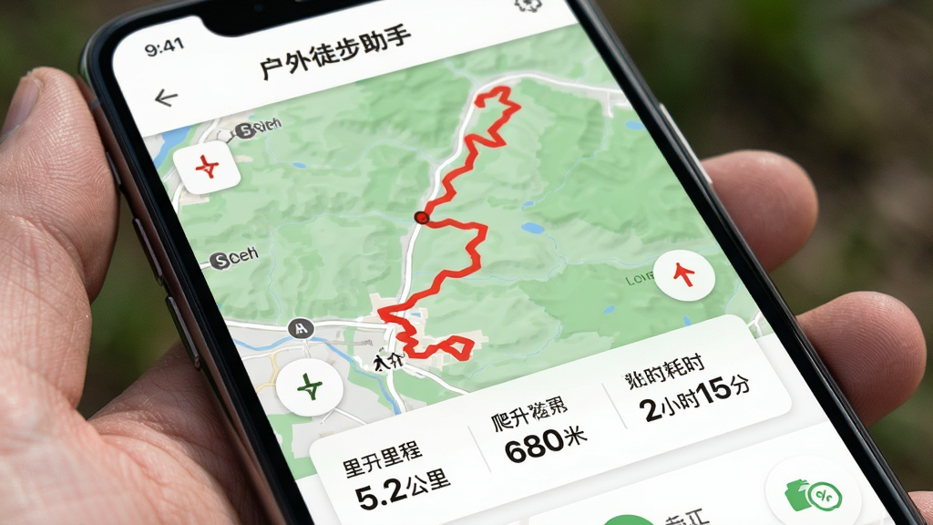 手机屏幕展示“户外徒步助手”的轨迹记录页面,地图上有一条醒目的红色折线轨迹,下方有数据卡片显示里程5.2公里、爬升680米、耗时2小时15分,界面简洁现代,配色清爽,主体突出,细节丰富,画质清晰,无多余元素