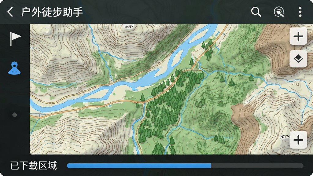 展示“户外徒步助手”的离线地图界面,地图为地形等高线样式,可见蓝色河流、绿色森林和棕色等高线,屏幕底部有“已下载区域”的进度条,主体为地图,左侧有路点旗帜图标,整体风格专业清晰,画质高,无多余元素