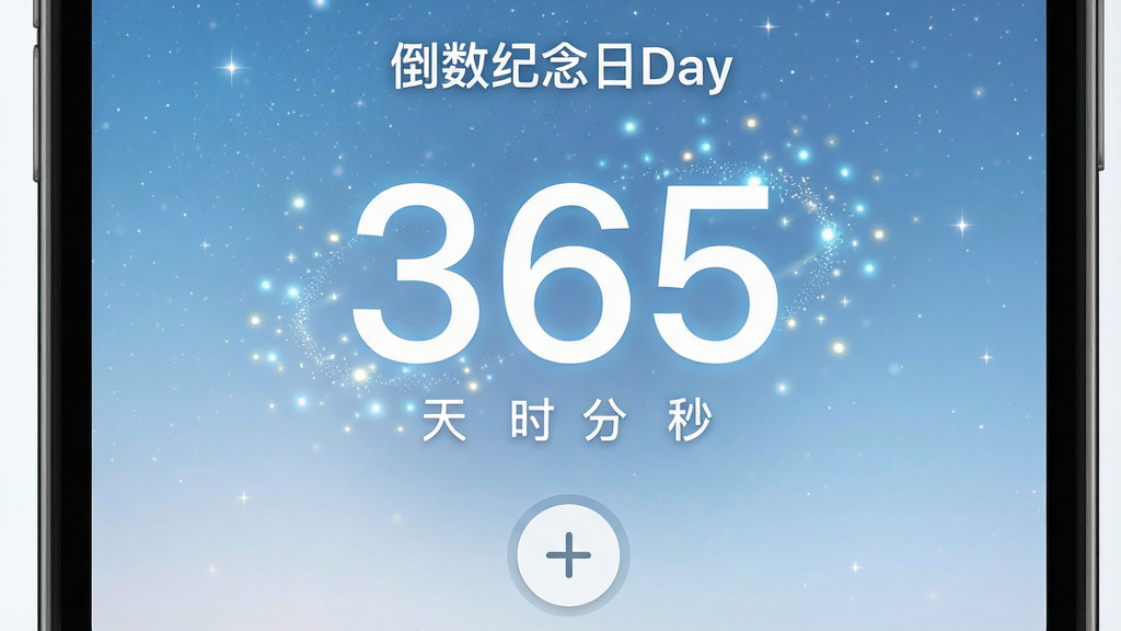 特写手机屏幕上的“倒数纪念日Day”动态倒数界面,一个大大的数字“365”占据视觉中心,下方小字显示“天 时 分 秒”,背景是浅蓝色星空渐变,数字周围有微光粒子效果,画面下方有一个圆形加号按钮,整体科技感与温馨感并存,布局居中,高分辨率,细节清晰,画质干净,无多余元素