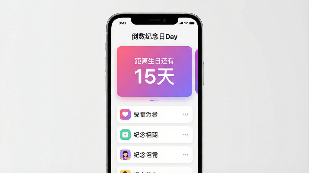 画面中央展示一部智能手机,屏幕上是“倒数纪念日Day”主界面,上方显示一个醒目的倒计时卡片,写着“距离生日还有15天”,卡片背景为渐变粉色与紫色,下方排列着几个带有小图标的纪念日条目,整体布局干净清爽,现代扁平化设计风格,高分辨率,光线柔和,细节丰富,画质干净,无多余元素