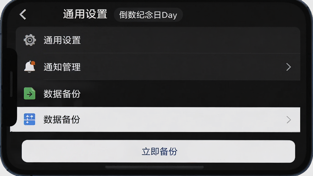 手机屏幕显示“倒数纪念日Day”的设置页面,深色背景,上面有“通用设置”、“通知管理”、“数据备份”等选项,其中“数据备份”被高亮,下方有“立即备份”按钮,画面整洁,带有扁平化图标,高分辨率,细节清晰,风格干净,无多余元素