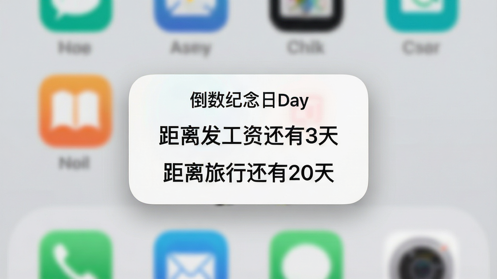 手机桌面截图,桌面壁纸为浅灰色,中间放置一个“倒数纪念日Day”的桌面小组件,显示“距离发工资还有3天”和“距离旅行还有20天”两条信息,字体清晰,组件为白色背景圆角矩形,边缘有浅灰色阴影,桌面其他图标虚化处理,整体风格简洁现代,高分辨率,细节干净,无多余元素