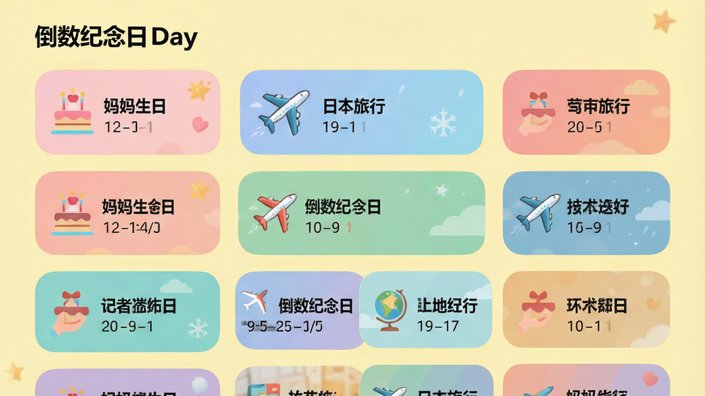 展示“倒数纪念日Day”的纪念日列表页面,屏幕上排列着多个不同颜色的卡片,每张卡片上都有小图标和日期文字,例如一个蛋糕图标旁写着“妈妈生日”,一个飞机图标旁写着“日本旅行”,背景是淡黄色,卡片采用圆角设计,色彩柔和,整体布局整齐,扁平化插画风格,高分辨率,细节丰富,画质干净,无多余元素